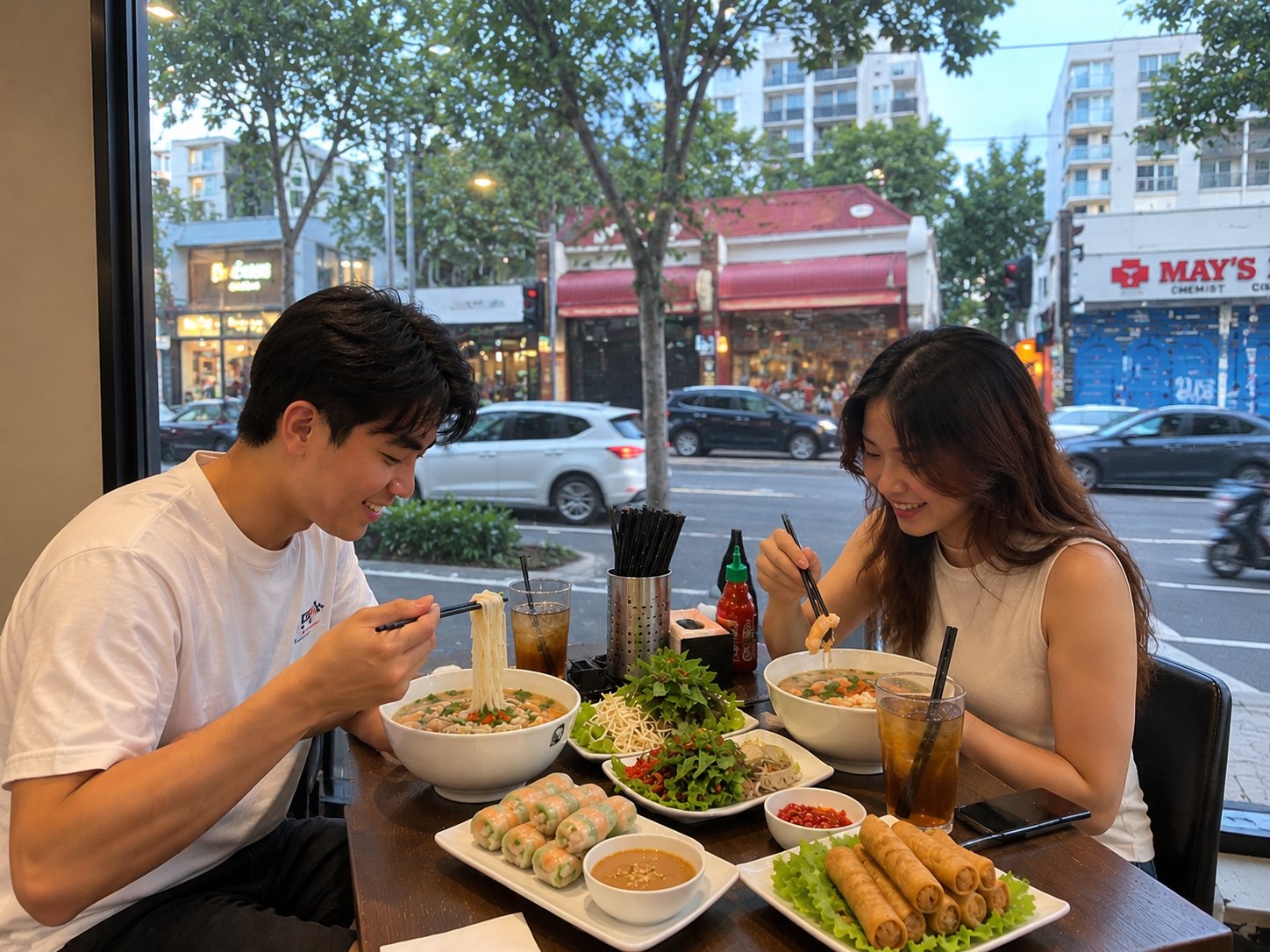 Two guests enjoying phở, rice paper rolls and spring rolls by the window at Gia Đình on Illawarra Road