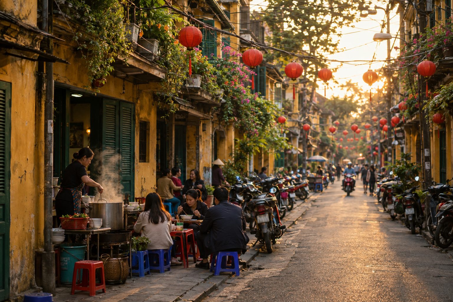 A lantern-lit old street in Vietnam at golden hour, with street food vendors, low plastic stools and parked motorbikes